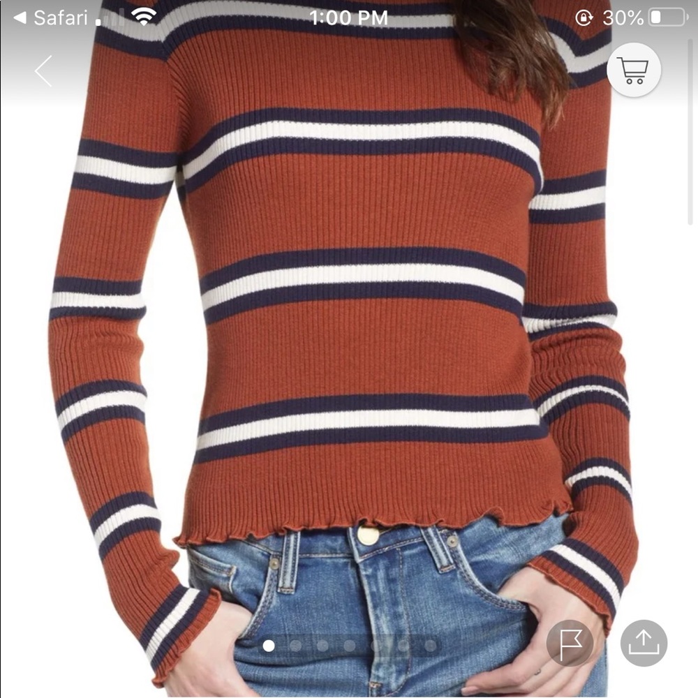 BP Striped ribbed mock neck lettuce edge top